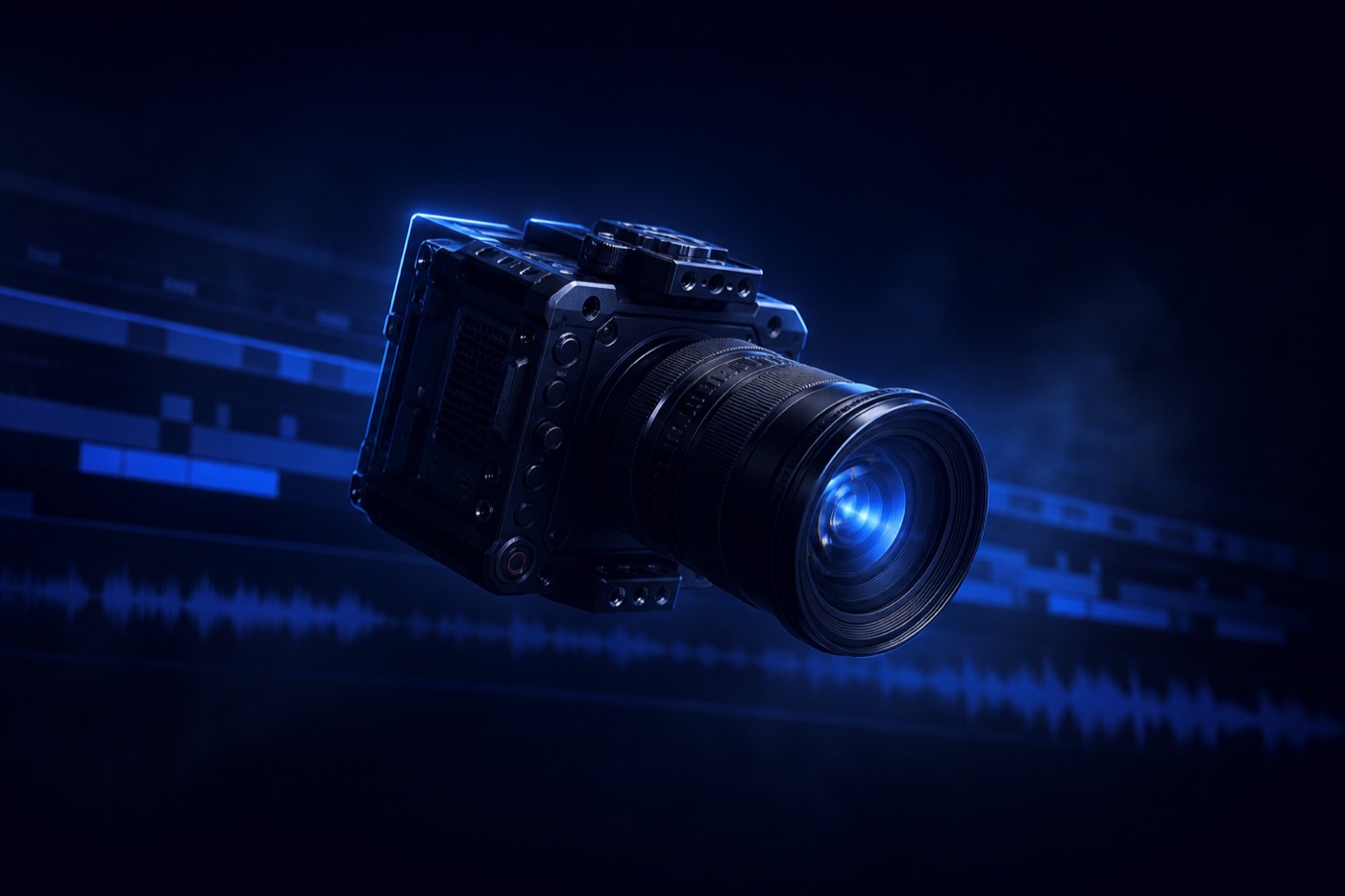 Cinematic close-up of a professional camera lens lit with electric blue light, representing content creation