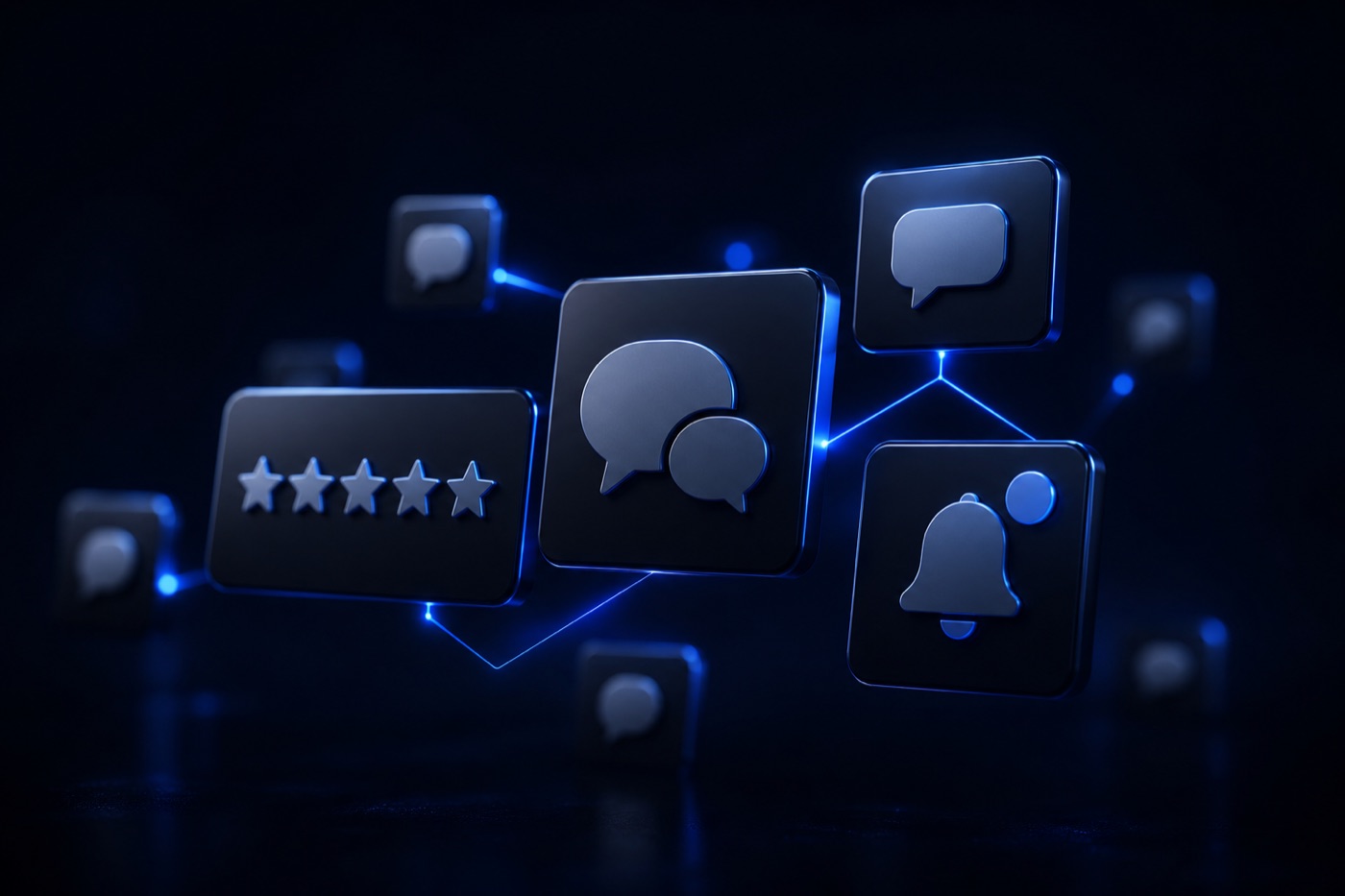 Floating minimal interface cards showing chat bubbles and a five star rating, representing social media and review management