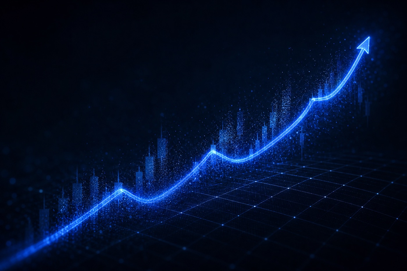 An upward trending glowing blue line graph over a dark grid, representing brand strategy backed by market trends
