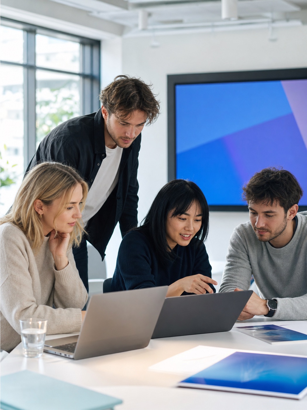 The ET Media team reviewing work together around laptops in a bright office