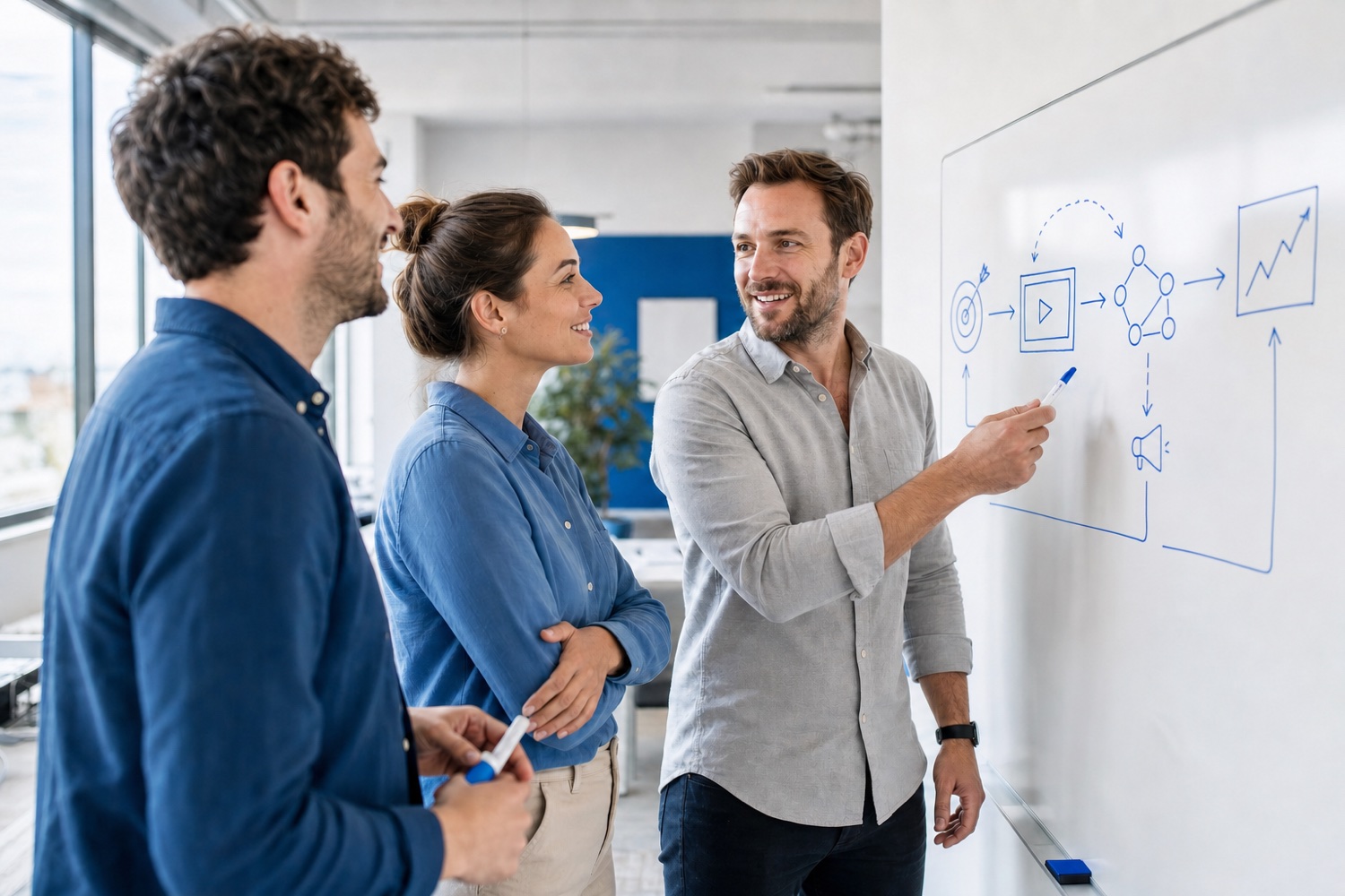 Three ET Media strategists mapping a campaign plan on a whiteboard in a bright office