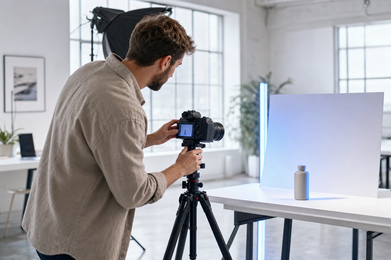 A content creator filming a product on a tripod mounted camera in a bright studio